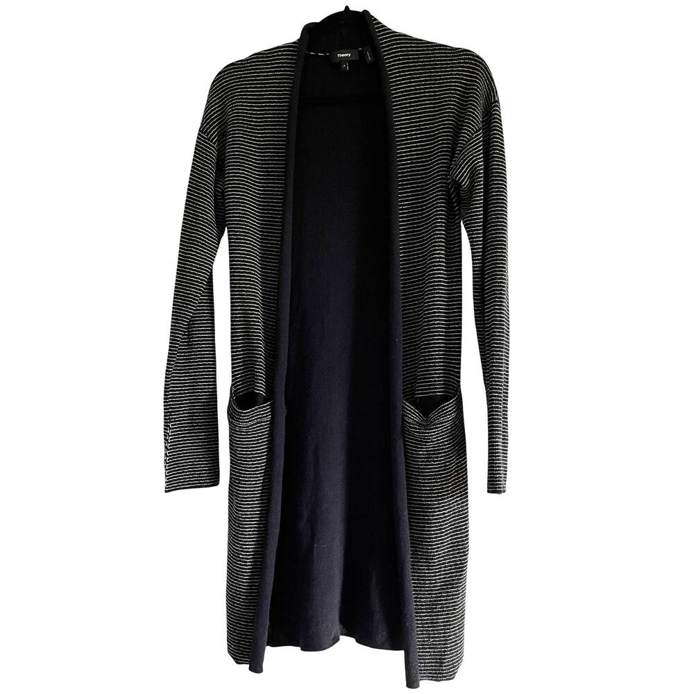 Theory Long Cardigan Women P Black White Stripe 95% Wool Open Front Sweater